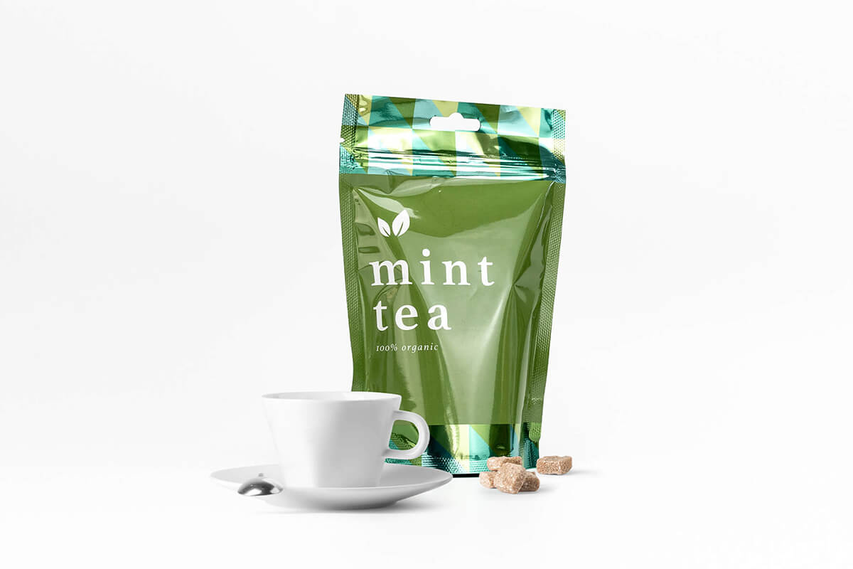 Grüner Standbodenbeutel für Pfefferminztee