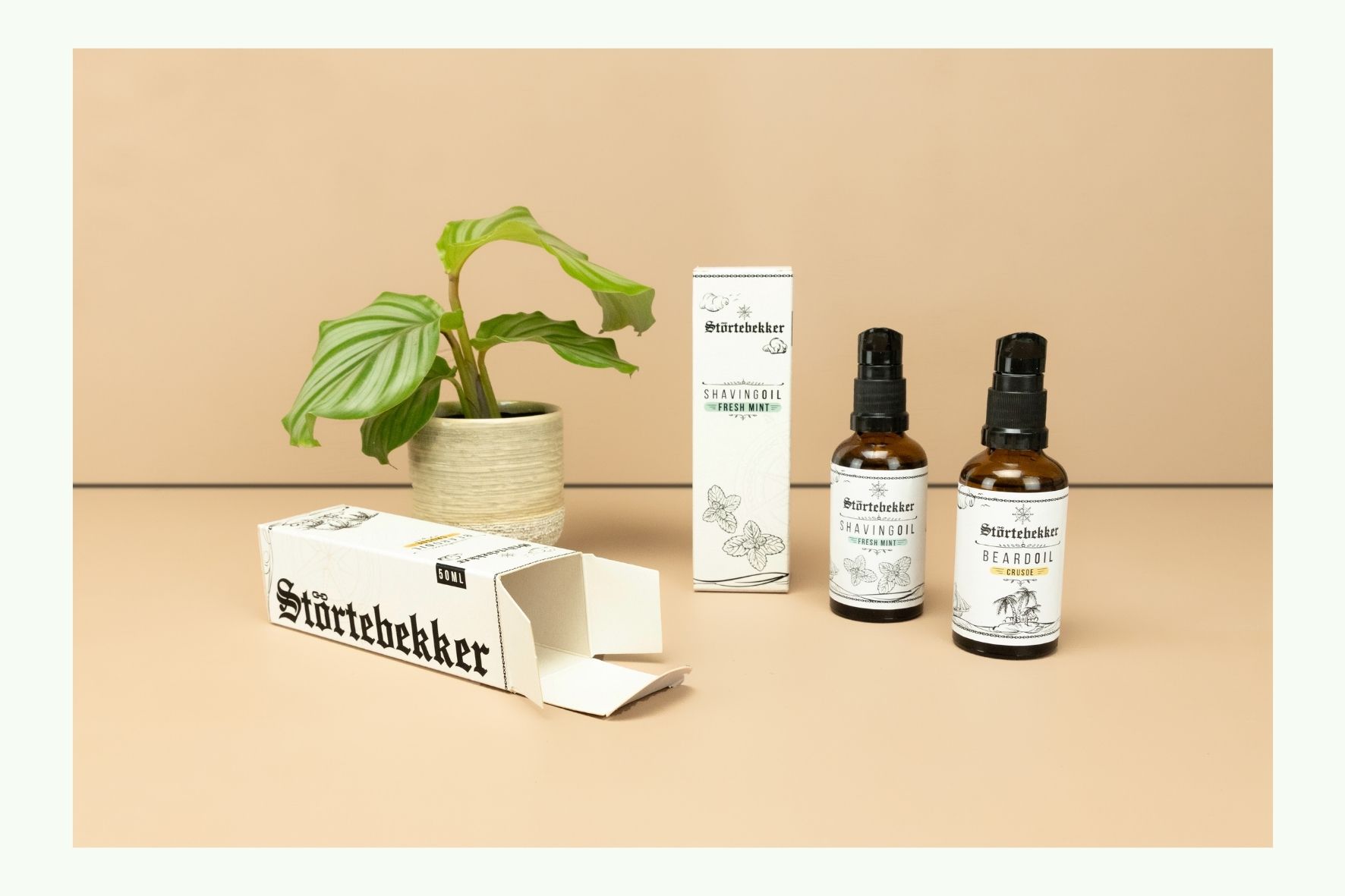Beard oil bottles with cardboard packaging and plant Beard oil bottles with cardboard packaging and plant