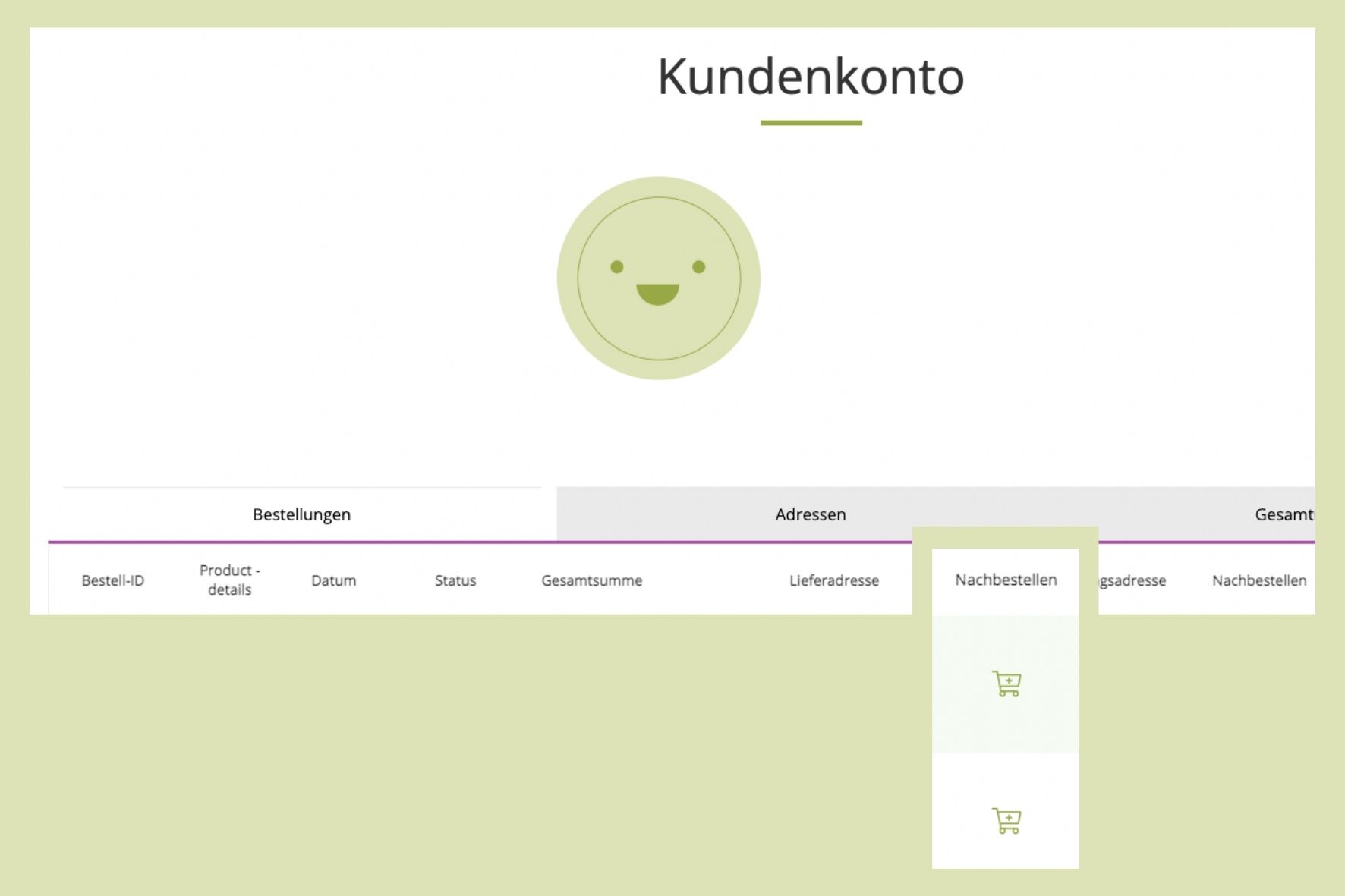 Schermata di un account cliente con panoramica degli ordini e icona per il riordino Schermata di un account cliente con panoramica degli ordini e icona per il riordino