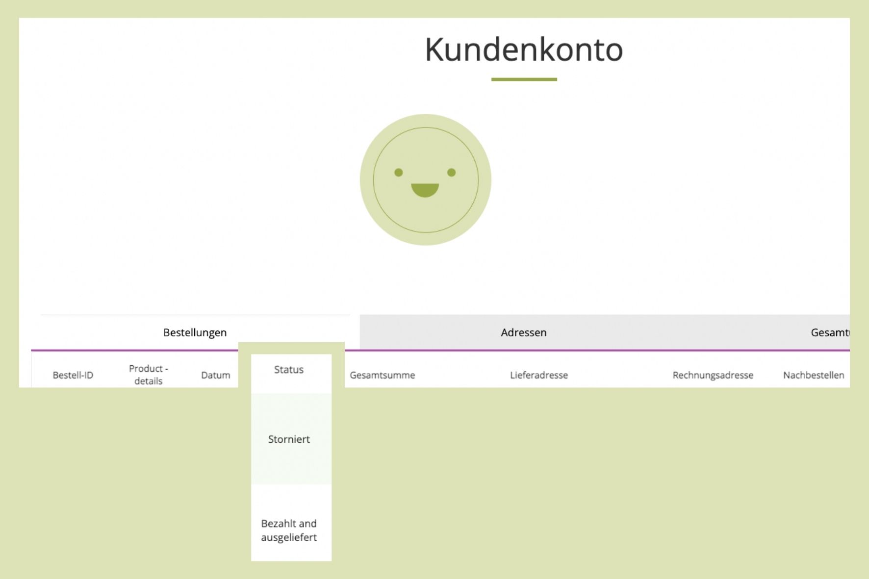 Schermata di un account cliente con panoramica degli ordini e icona verde con sorriso Schermata di un account cliente con panoramica degli ordini e icona verde con sorriso