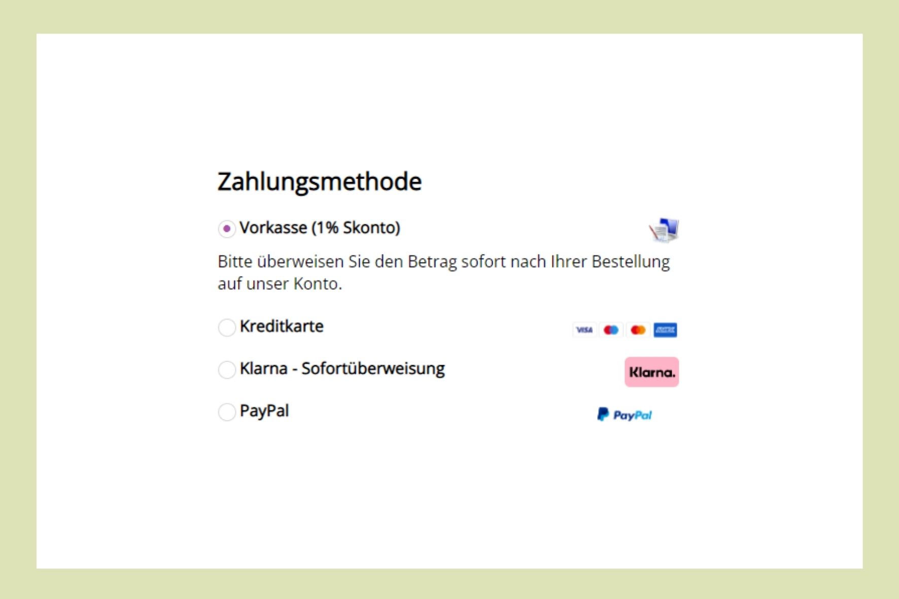 Screenshot of a checkout page showing payment methods prepayment, credit card, Klarna and PayPal