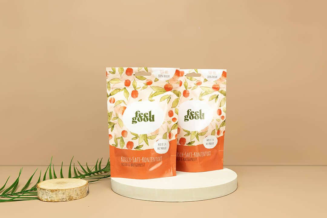 Bedruckte Standbodenbeutel mit Fruchtmotiv Bedruckte Standbodenbeutel mit Fruchtmotiv