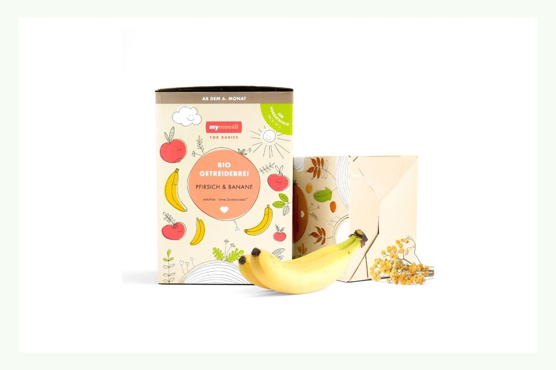 Lebensmittelverpackung mit Dose, Schachtel und Banane