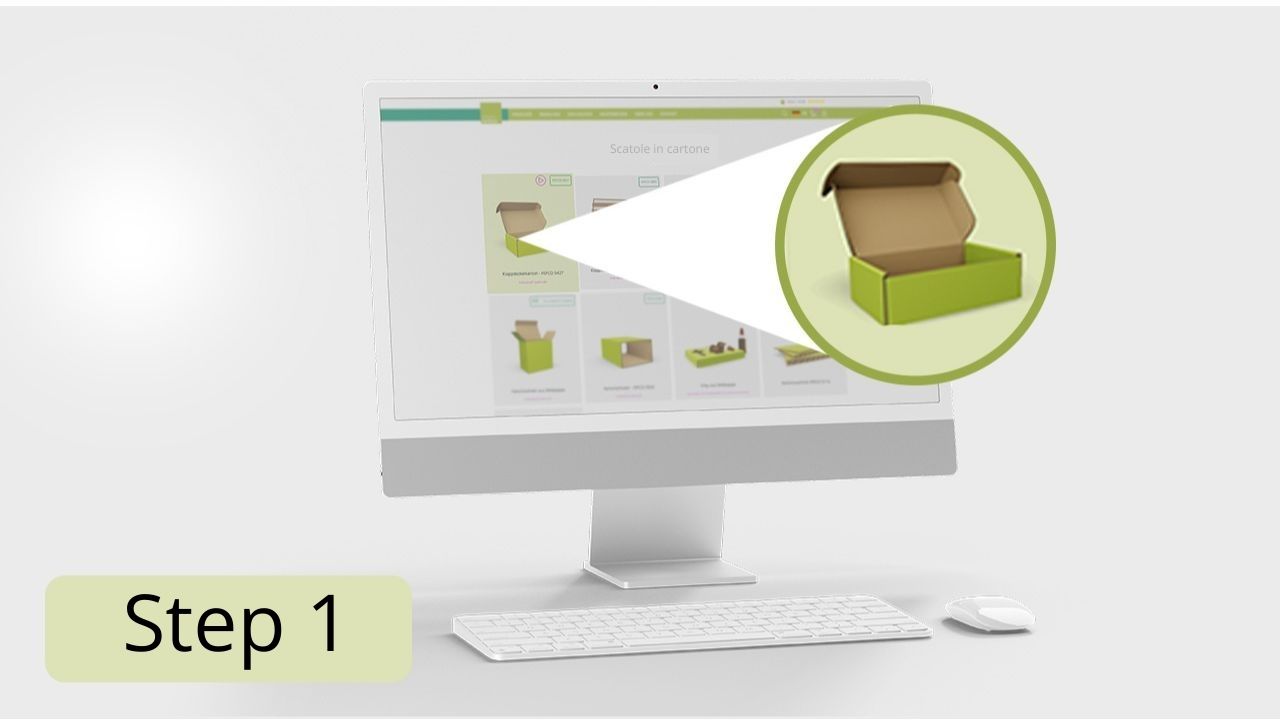 Infografica: Processo d'ordine step 1 scatola di cartone Infografica: Processo d'ordine step 1 scatola di cartone